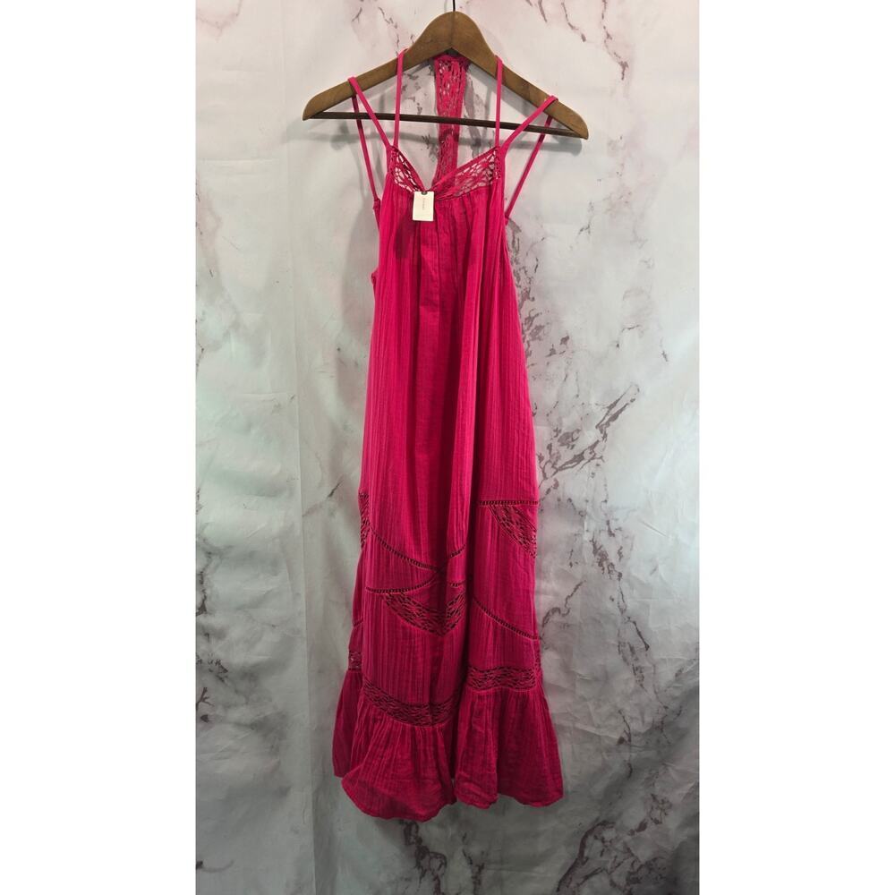Anthropologie Dress Womens Small Pink Gauze Midi Cover Up Eyelet Crochet